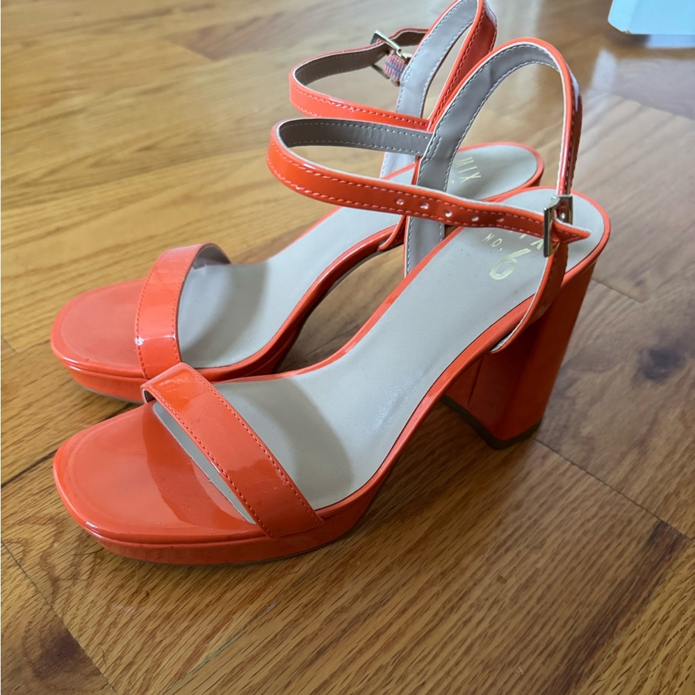 Orange Strappy Block Heel Sandals